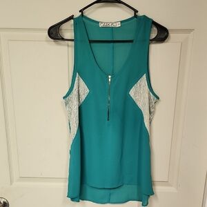 Teal Sleeveless Top with Lace Accents